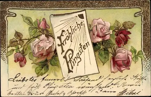 Präge Litho Glückwunsch Pfingsten, Rosen, Blumen