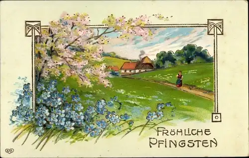 Ak Glückwunsch Pfingsten, Vergissmeinnicht, Blühender Baum