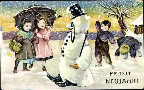 Präge Ak Glückwunsch Neujahr, Schneemann mit Zylinder und Monokel, Kinder