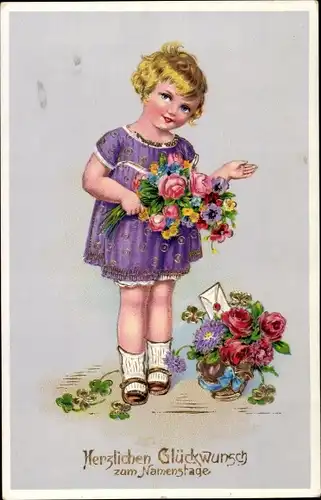 Ak Glückwunsch Namenstag, Kind, Blumenstrauß, Glücksklee