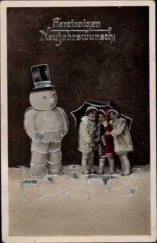 Präge Ak Glückwunsch Neujahr, Kinder, Schneemann