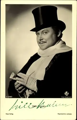 Ak Schauspieler Will Dohm, Portrait, Zylinder, Terra Film, Ross Verlag A 2760 1, Autogramm