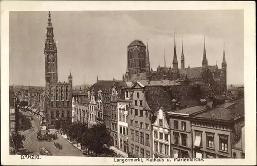 Ak Gdańsk Danzig, Langermarkt, Rathaus und Marienkirche