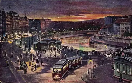 Künstler Ak Wien 1 Innere Stadt, Franz Josefs Kai, Straßenbahn