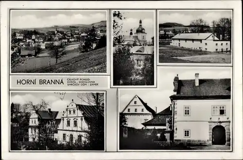 Ak Horní Branná Region Reichenberg, Gesamtansicht, Schloss, Kirche