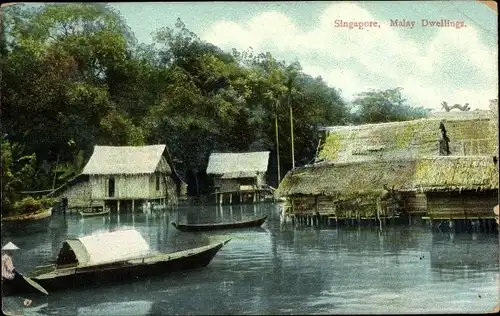 Ak Singapur, Malay Dwellings, Holzhütten auf Stelzen, Boote