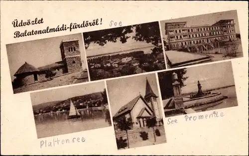 Ak Balatonalmádi Ungarn, See, Promenade, Kirche