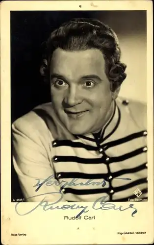 Ak Schauspieler Rudolf Carl, Portrait, Ufa Film, Ross Verlag A 3408 1, Autogramm