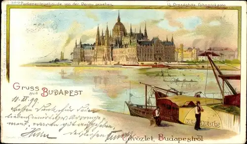 Litho Budapest Ungarn, Parlament, Donau