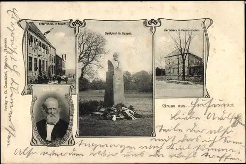 Passepartout Ak Husum, Theodor Storm, Geburtshaus, Portrait, Denkmal, Sterbehaus in Hademarschen