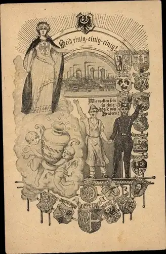 Ak Seid einig, einig, einig, Abstimmung Oberschlesien, Fabrikarbeiter, Bergmann, Wappen, Germania