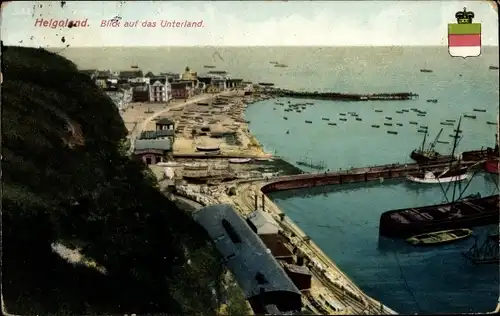 Ak Nordseeinsel Helgoland, Blick auf das Unterland, Wappen