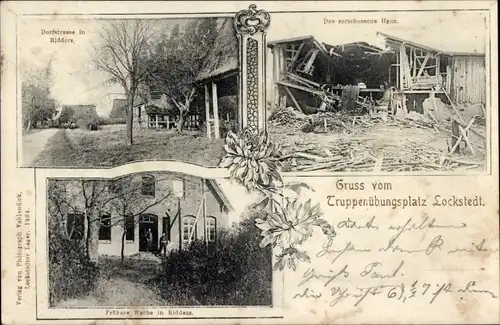 Ak Lockstedt in Holstein, Lockstedter Lager, zerschossenes Haus, Wache, Dorfstraße in Ridders