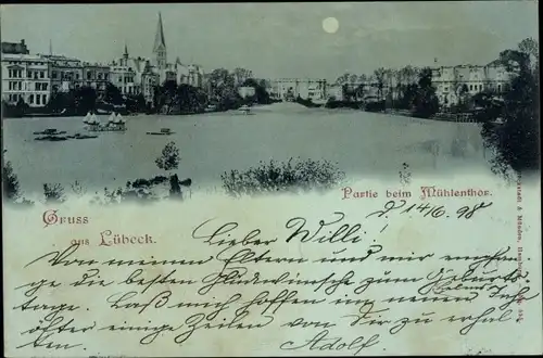 Mondschein Ak Hansestadt Lübeck, Partie beim Mühlentor bei Nacht