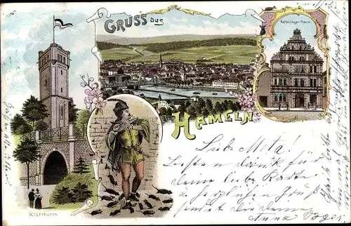 Litho Hameln in Niedersachsen, Rattenfängerhaus, Klütturm, Gesamtansicht