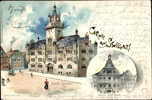 Künstler Litho Stuttgart am Neckar, Neues Rathaus, altes Rathaus