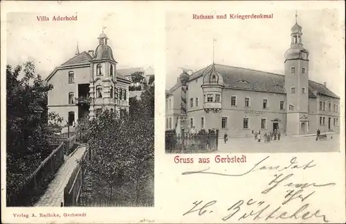 Ak Gerbstedt im Harzvorland, Villa Aderhold, Rathaus, Kriegerdenkmal