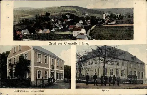 Ak Clausnitz Rechenberg Bienenmühle im Erzgebirge, Gesamtansicht, Geschäftshaus Morgenstern, Schule