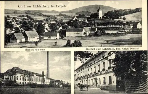 Ak Lichtenberg im Erzgebirge, Elektrizitätswerk, Gasthof zum Lehnstück, Bes. Anton Dietrich