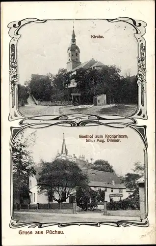 Passepartout Ak Püchau Machern in Sachsen, Kirche, Gasthof zum Kronprinzen