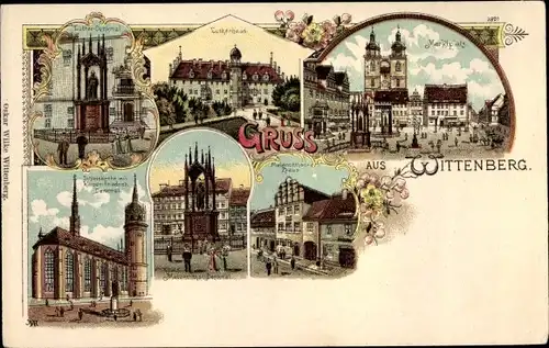 Litho Lutherstadt Wittenberg, Lutherdenkmal, Lutherhaus, Marktplatz, Schlosskirche, Kaiser Denkmal
