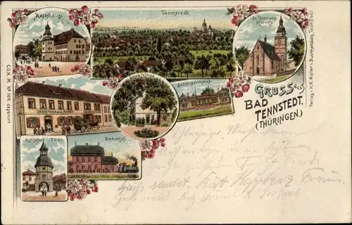 Litho Bad Tennstedt in Thüringen, St. Trinitatis Kirche, Schützenhaus, Bahnhof,Osthofer Tor,Gasthaus