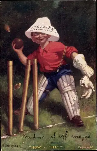 Künstler Ak Kinsella, E., How's That, Junge wirft Ball, Cricket