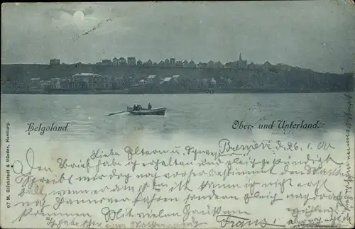 Mondschein Ak Nordseeinsel Helgoland, Ober- und Unterland, Ruderboot