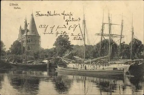 Ak Hansestadt Lübeck in Holstein, Hafen, Segelschiffe