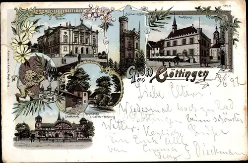 Litho Göttingen in Niedersachsen, Rathaus, Bismarckturm, Theater, Stadtpark