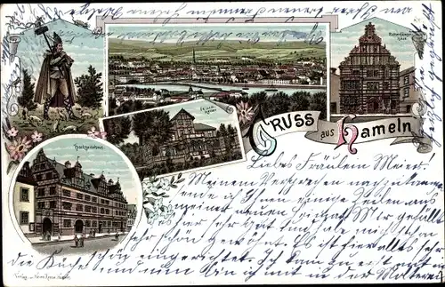 Litho Hameln in Niedersachsen, Rattenfänger und Haus, Hochzeitshaus, Felsenkeller, Totalansicht