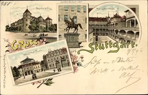 Litho Stuttgart in Württemberg, Königliches Hof-Theater, Altes Schloss, Standbild Eberhard im Bart