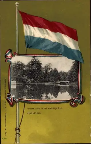 Passepartout Ak Apeldoorn Gelderland, Königlicher Park, Groote Vijver, Flagge