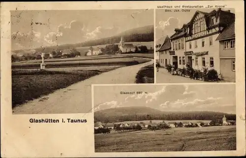 Ak Glashütten im Taunus Hessen, Gasthaus Zur Krone, Glaskopf, Blick auf den Ort