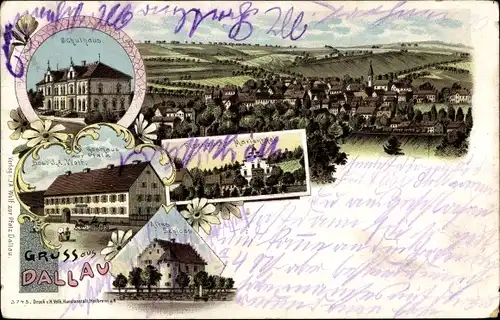 Litho Dallau Elztal im Odenwald, Schulhaus, Gasthaus zur Pfalz, Schloss, Marienthal