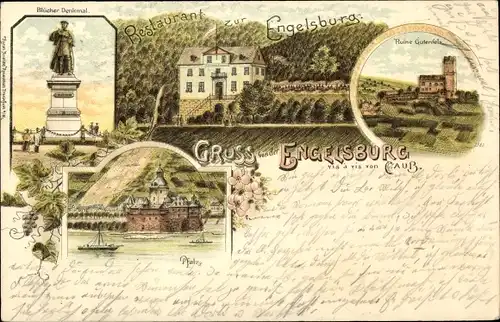 Litho Kaub in Rheinland Pfalz, Engelsburg, Blücher Denkmal, Pfalz, Ruine Gutenfels