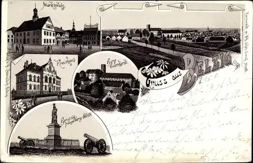 Litho Bad Belzig in Brandenburg, Marktplatz, Kreishaus, Borussia Hagelberg Denkmal, Burg Eisenhardt