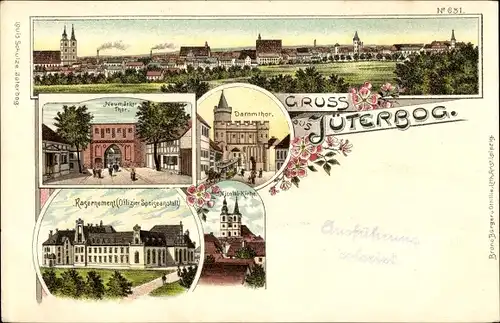 Litho Jüterbog, Gesamtansicht, Dammtor, Kaserne, Neumärker Tor, Nicolaikirche