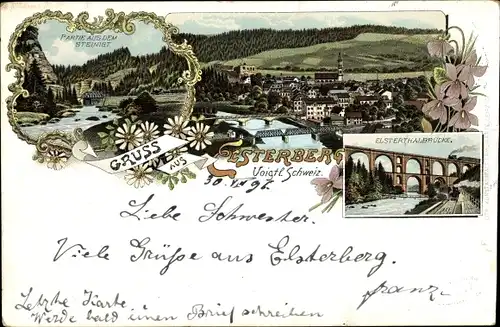 Litho Elsterberg an der Weißen Elster Vogtland, Partie aus dem Steinigt, Elsterthalbrücke, Ortschaft