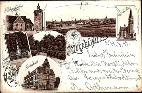Litho Luckenwalde in Brandenburg, St. Johannis Kirche, Postgebäude, Kriegerdenkmal, Lindenberg