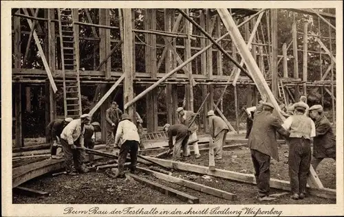 Ak Trebbin im Kreis Teltow Fläming, Beim Bau der Festhalle in der christl. Siedlung Weißenberg