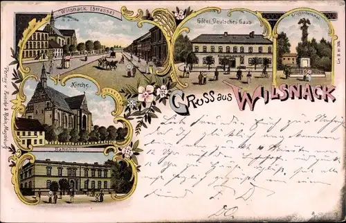 Litho Bad Wilsnack in der Prignitz, Kirche, Bahnhof, Hotel Deutsches Haus, Kriegerdenkmal