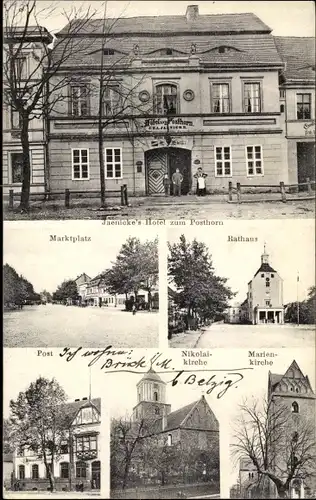 Ak Treuenbrietzen in Brandenburg, Jaenicke's Hotel zum Posthorn, Nikolaikirche, Post, Rathaus