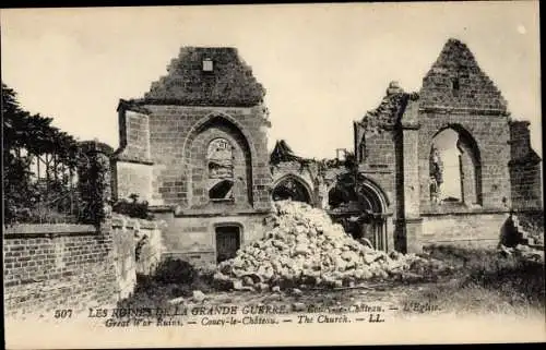 Ak Coucy le Château Aisne, Kirche, Ruinen