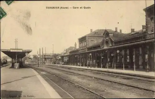Ak Tergnier Aisne, Bahnhof und Kais