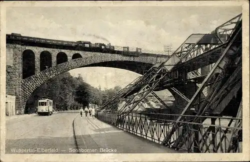 Ak Elberfeld Wuppertal, Sonnborner Brücke, Schwebebahn, Straßenbahn, Eisenbahn