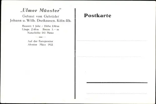 Ak Köln am Rhein, Gebrüder Johann und Wilhelm Dreikausen mit Modell vom Ulmer Münster