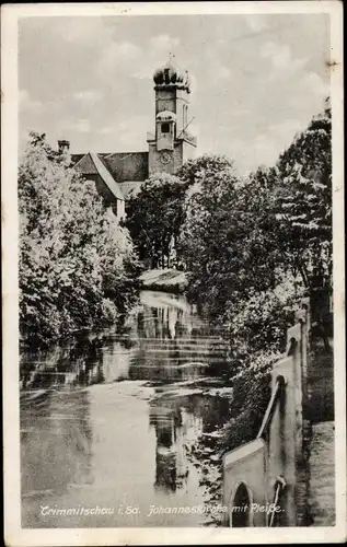 Ak Crimmitschau Sachsen, Johanneskirche mit Pleiße