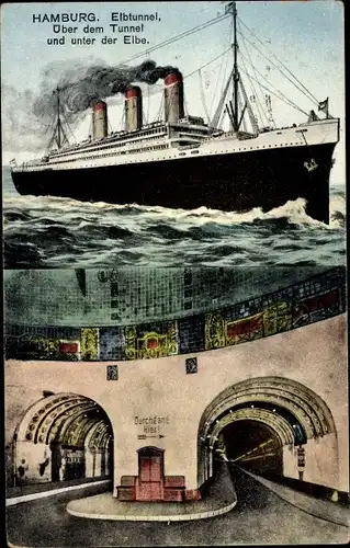 Ak Hamburg Mitte St. Pauli, Elbtunnel, Über dem Tunnel, unter dem Tunnel, Dampfschiff
