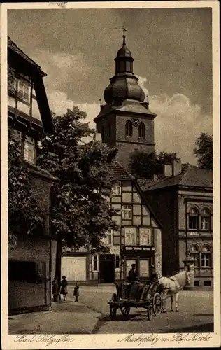 Ak Bad Salzuflen in Lippe, Marktplatz mit Ref. Kirche, Pferd mit Fuhrwerk